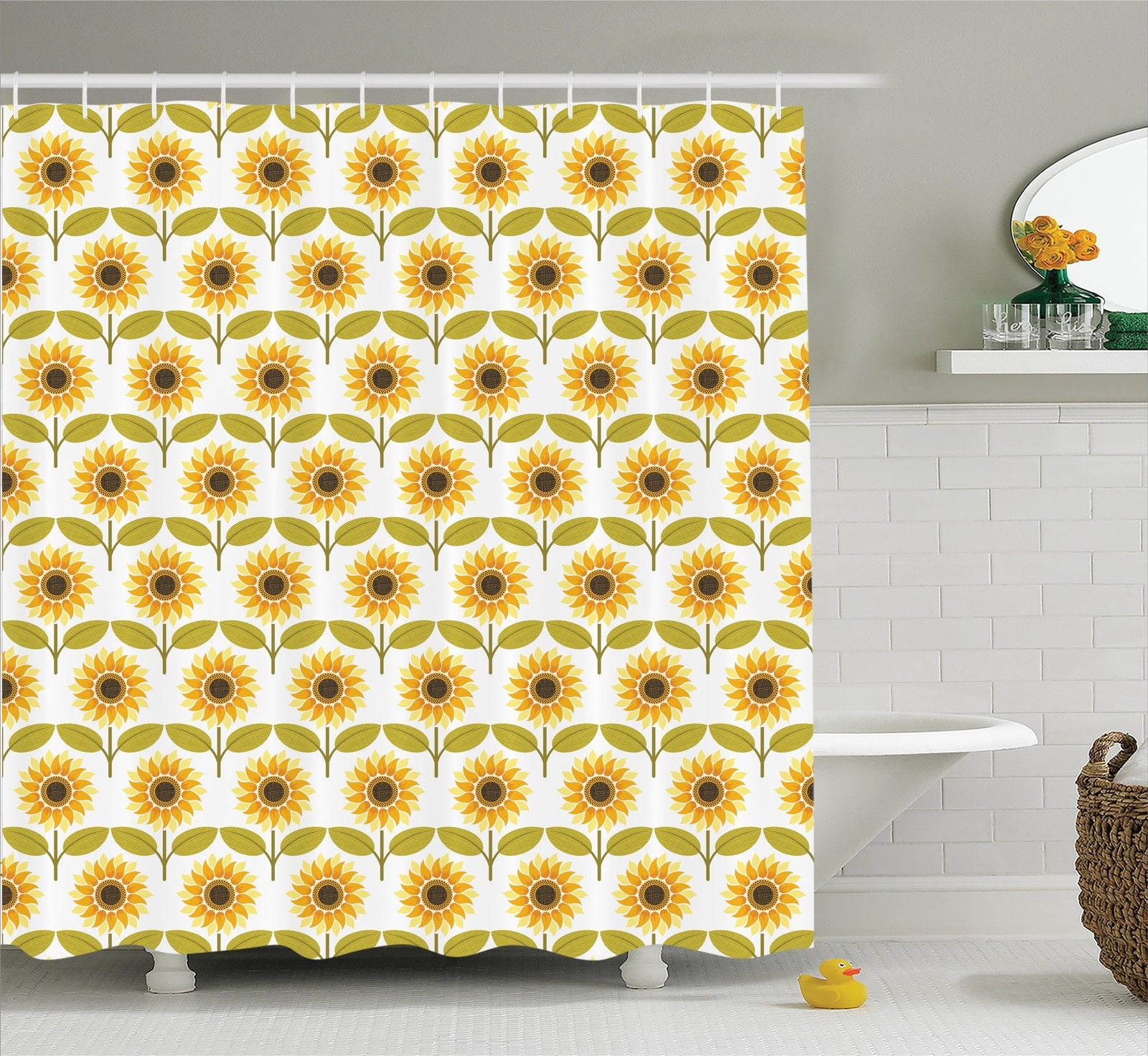 Sunflower Decor Shower Curtain Set, Sunflowers Pattern Autumn Country Style Decorating Retro Illustration Print, Bathroom Accessories, 69W X 70L